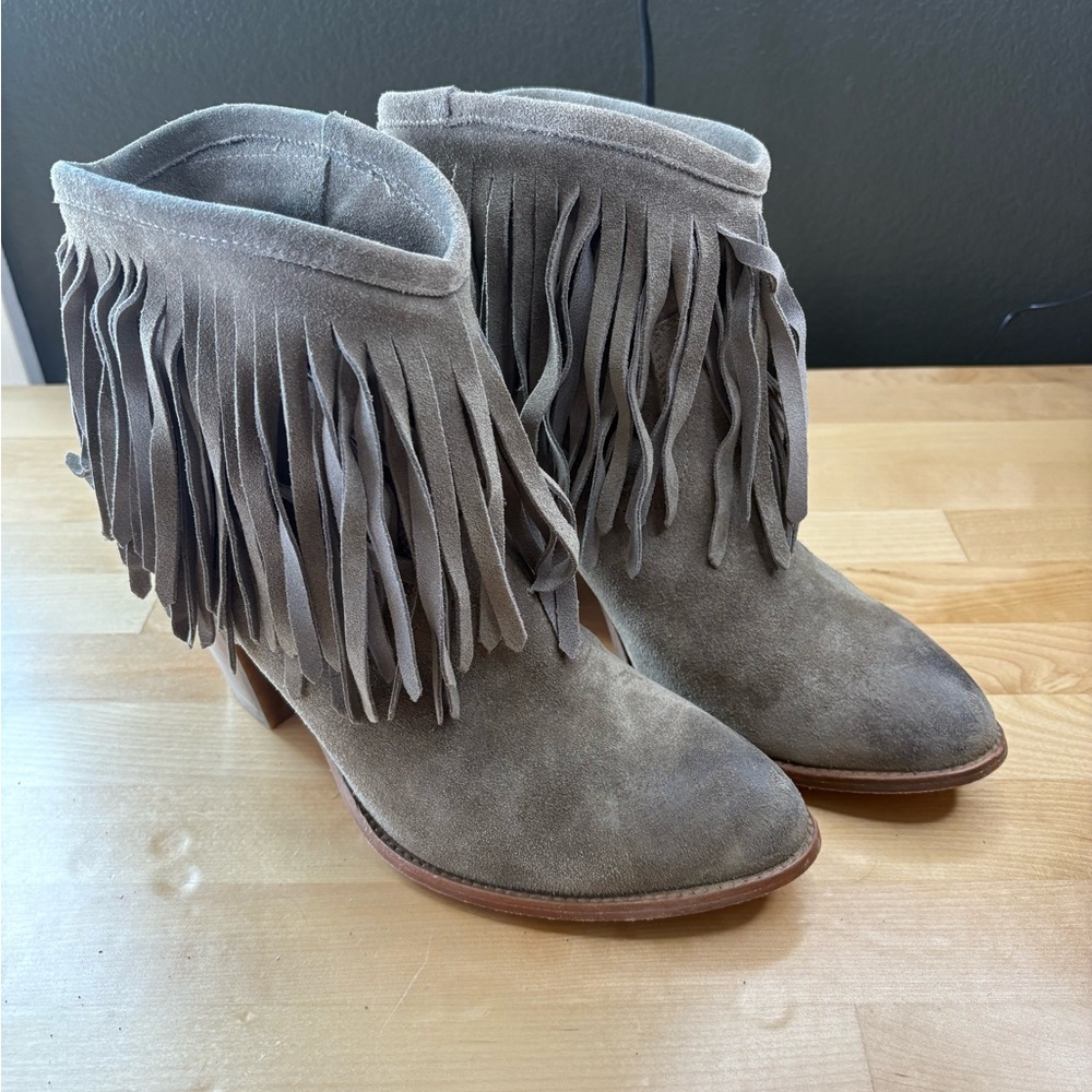 Frye Gray Fringe Ankle Booties